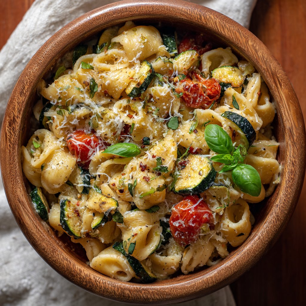 One Pot Creamy Garlic and Roasted Vegetable Pasta